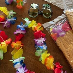 Hula Costume - 6 pieces hula skirt, lei, florals, and pineapple sunglasses